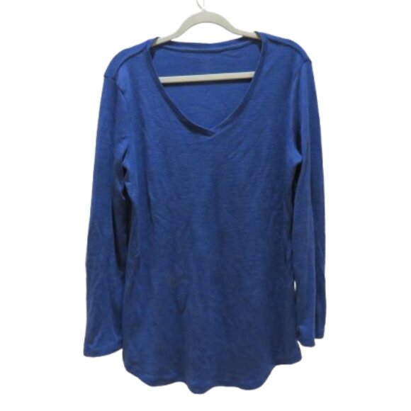 WOOLX Eva Tunic 100% Merino Wool Baselayer Top in Blue Stripe Gorpcore Travel XL - Picture 1 of 14
